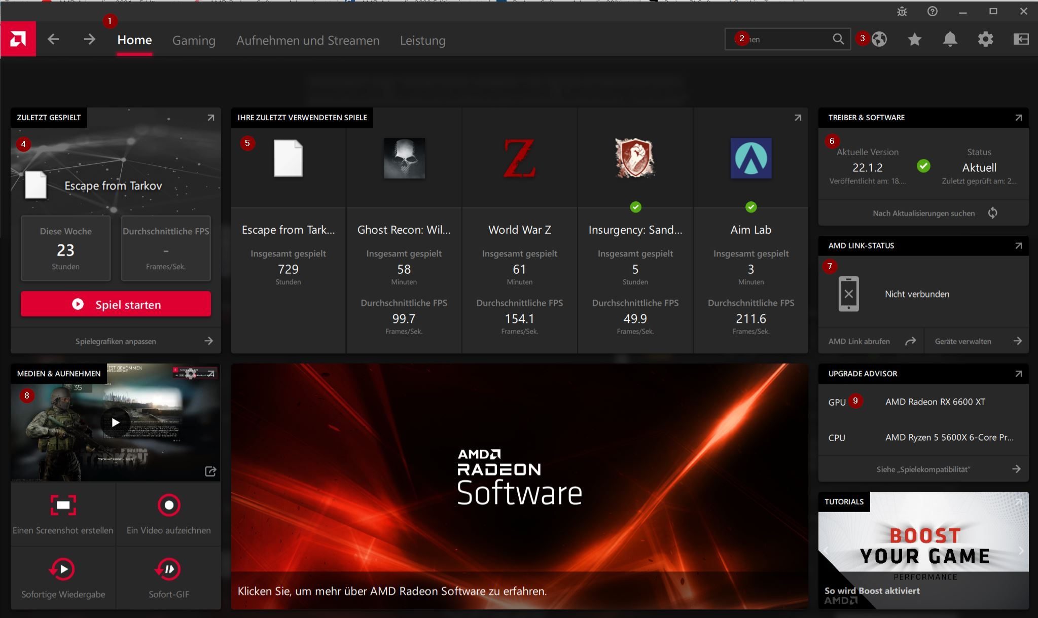 Die AMD Adrenalin-Software bietet bereits im Home-Screen viele Informationen.
