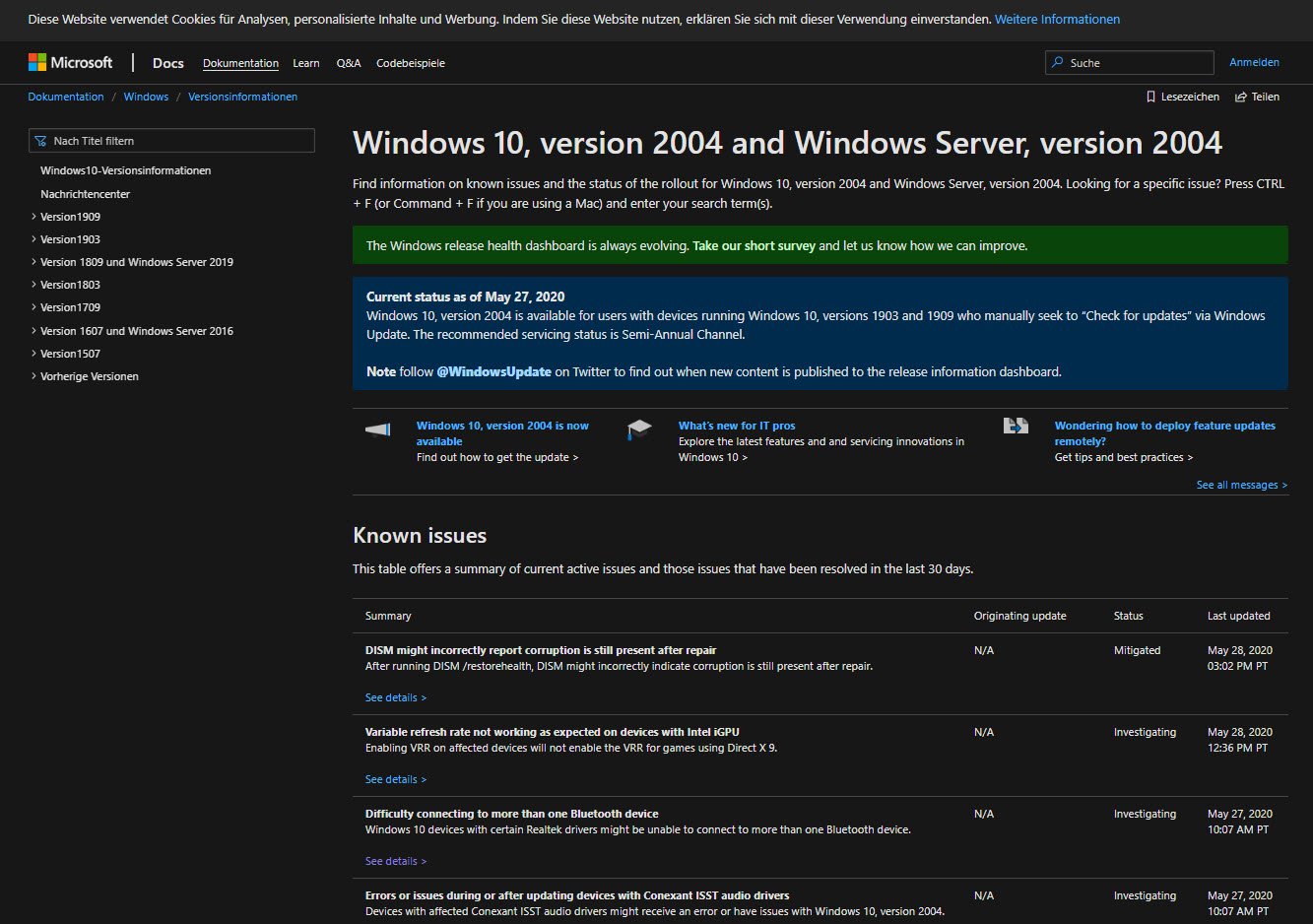Bekannte Probleme durch Windows 10 2004
