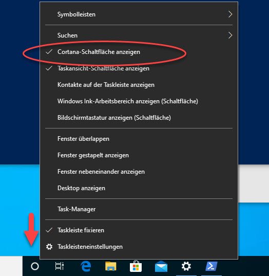 Das Icon von Cortana kann man abschalten.