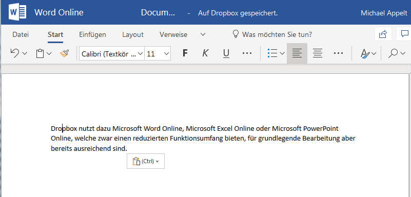 Microsoft Word Online in Dropbox