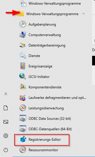 Registrierungs-Editor im Startmenü von Windows 10