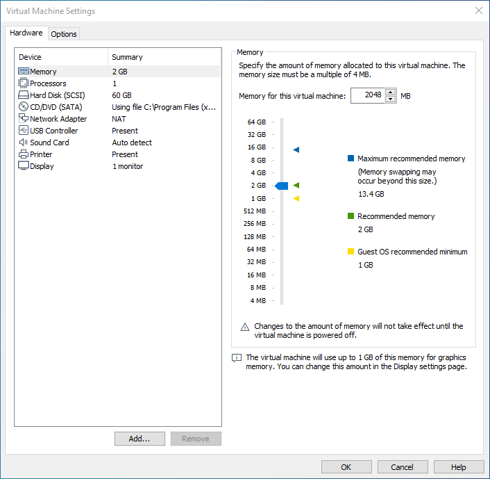 Virtual Machine Settings in VMWare Workstation Player