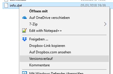 Versionsverlauf Dropbox über das Kontextmenü einer Datei.