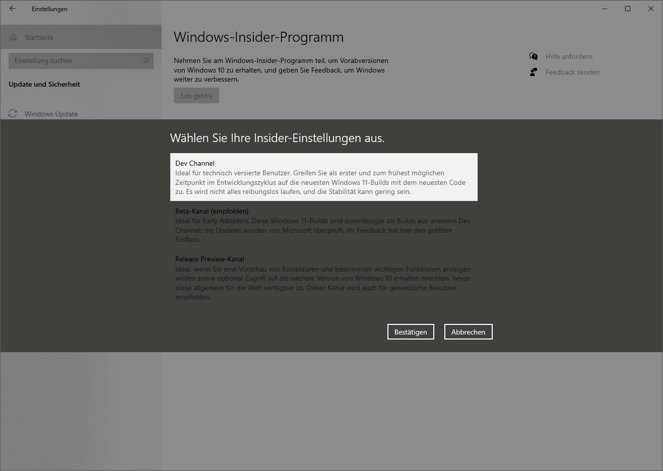 Windows-Insider Channel auswählen