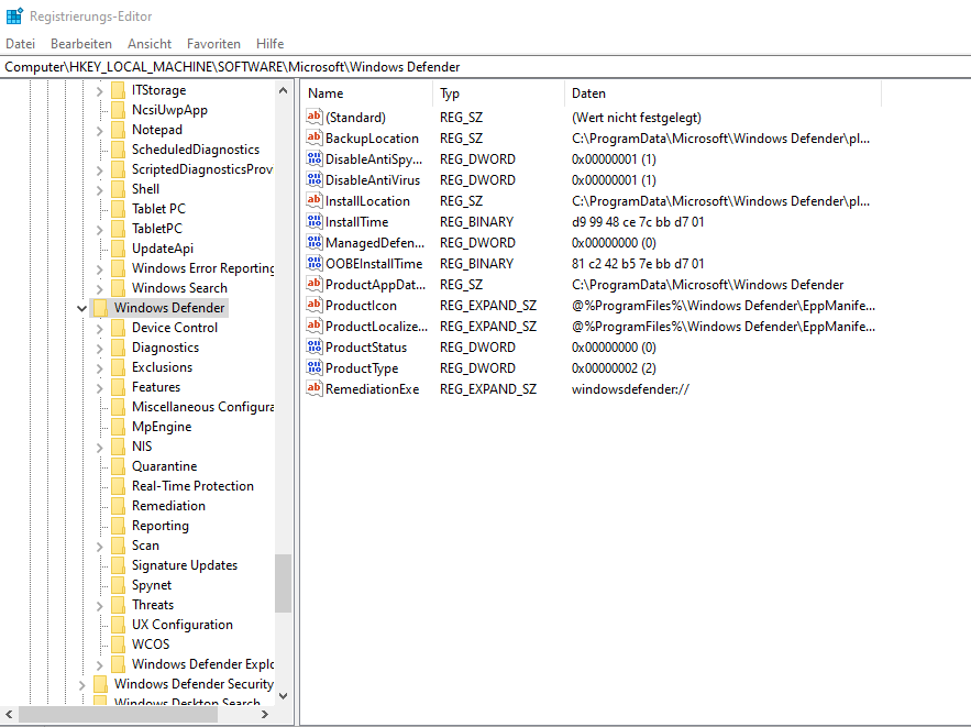 Windows Registry mit Schlüssel und Werten