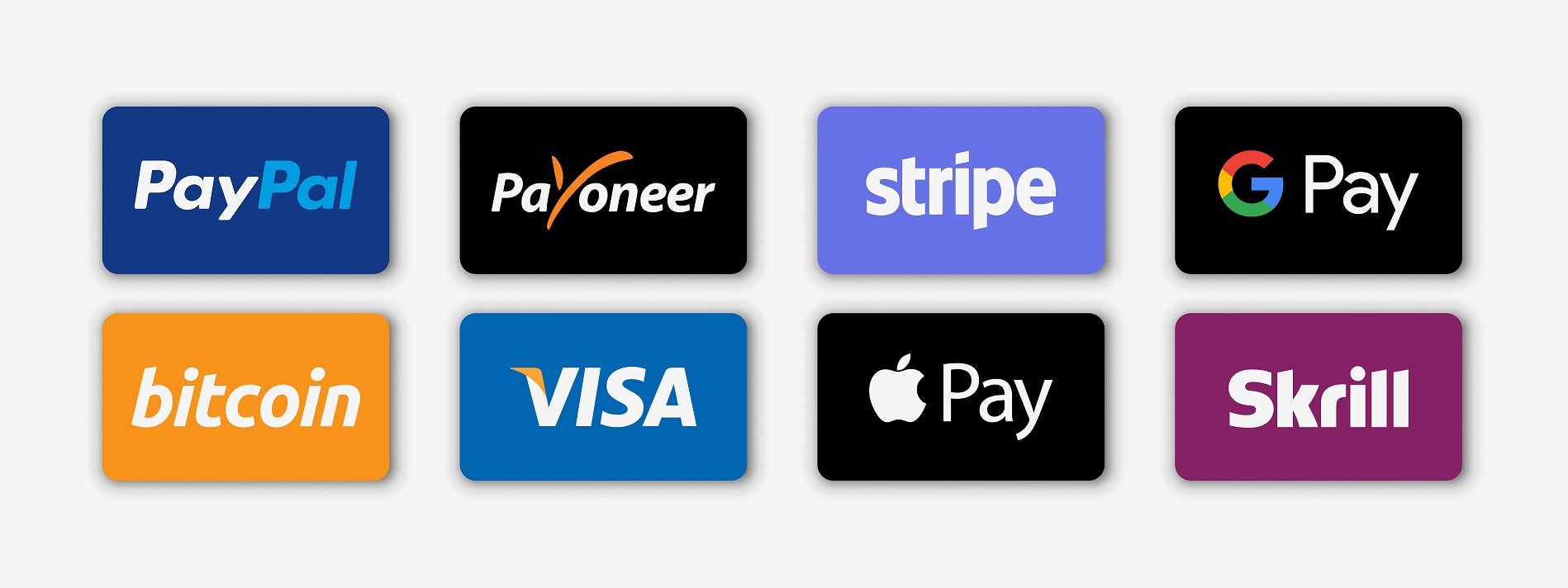 Paypal, payoneer, visa, discover, mastercard, skrill, apple pay, google pay, american express - most popular realistic payment logotype. Payment icon set
