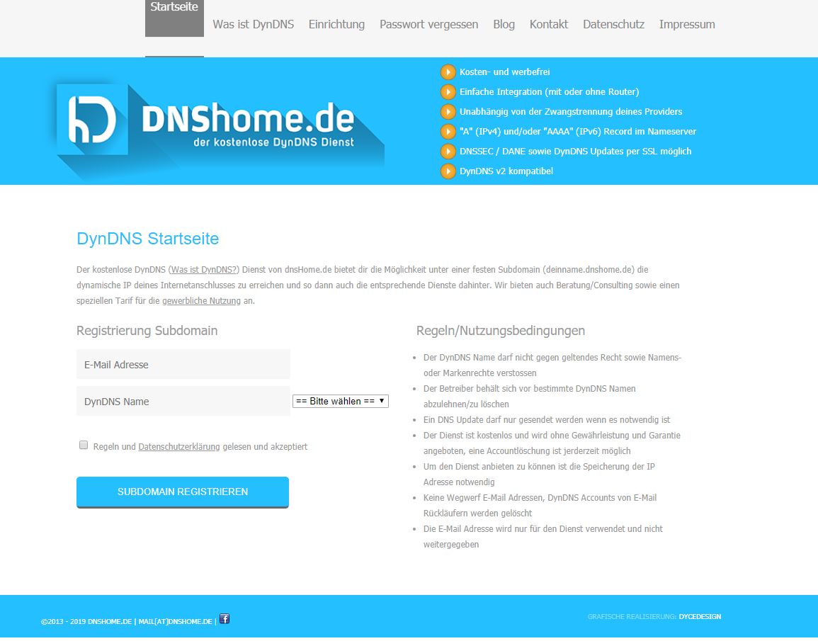 Startseite des kostenlosen DNSHome DynDNS Service