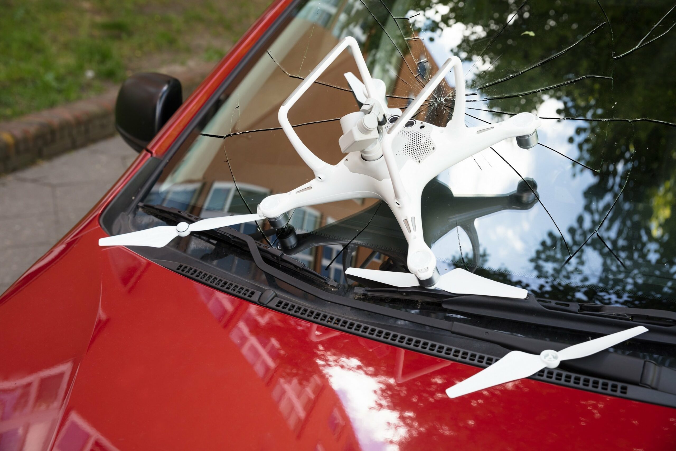 Kaputte Drohne auf zerstörter Autofrontscheibe 