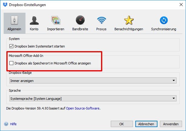 Dropbox als Speicherort in Microsoft Office