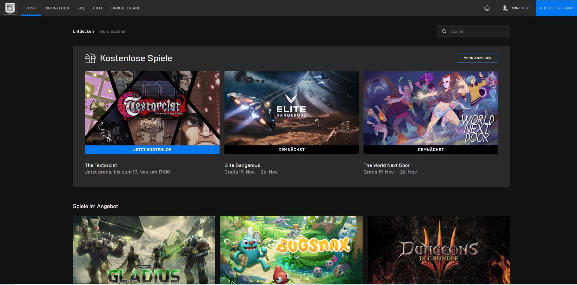 Startseite des Epic Games Store 