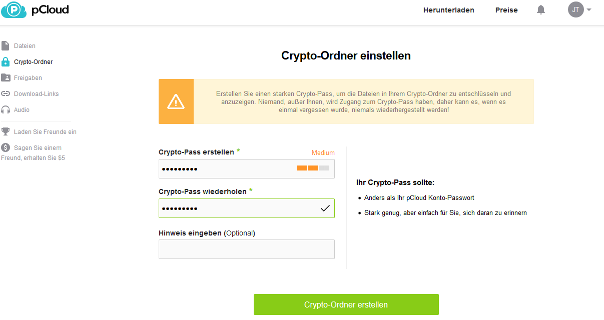 Den Crypto-Ordner können Sie über die Webseite oder die Clients erstellen