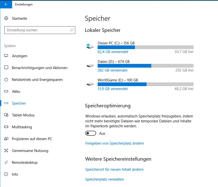 Speicher in Windows 10