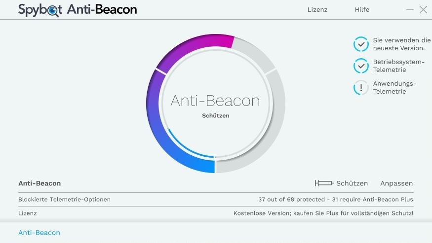 Benutzeroberfläche von SpyBot Anti-Beacon