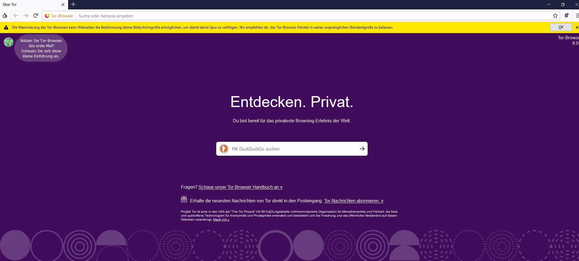 Tor Browser Startseite ist bereit für das Darknet