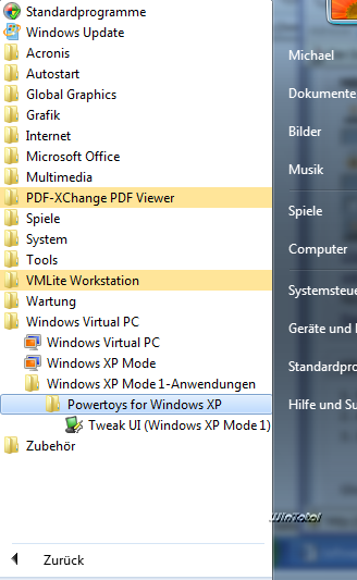 XP-Programme im Startmenü von Windows 7